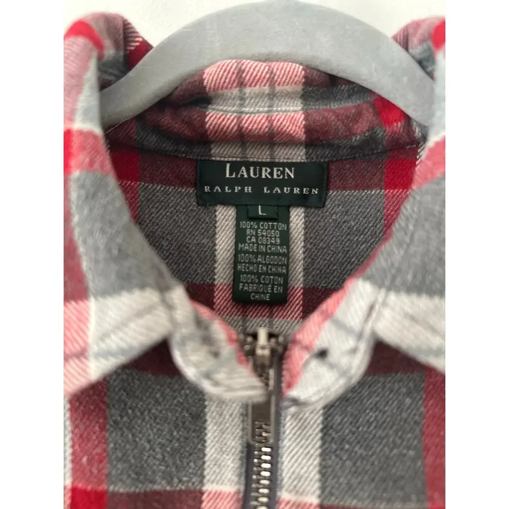 Lauren Ralph Lauren Plaid Flannel Shirt Men's Large Red Gray Half-Zip Casual